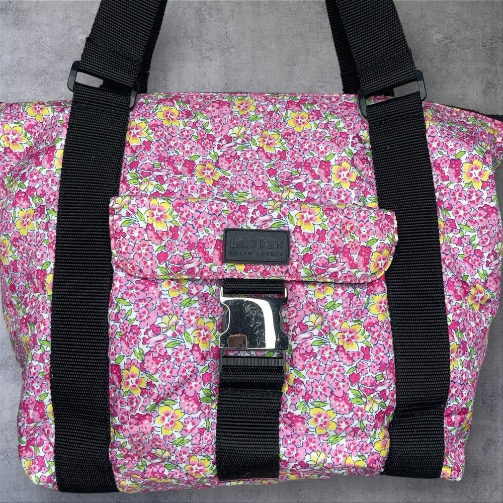 Lauren Ralph Lauren Pink Floral Shoulder Handbag‎ Diaper Bag Tote Beach Cruise - Picture 2 of 12